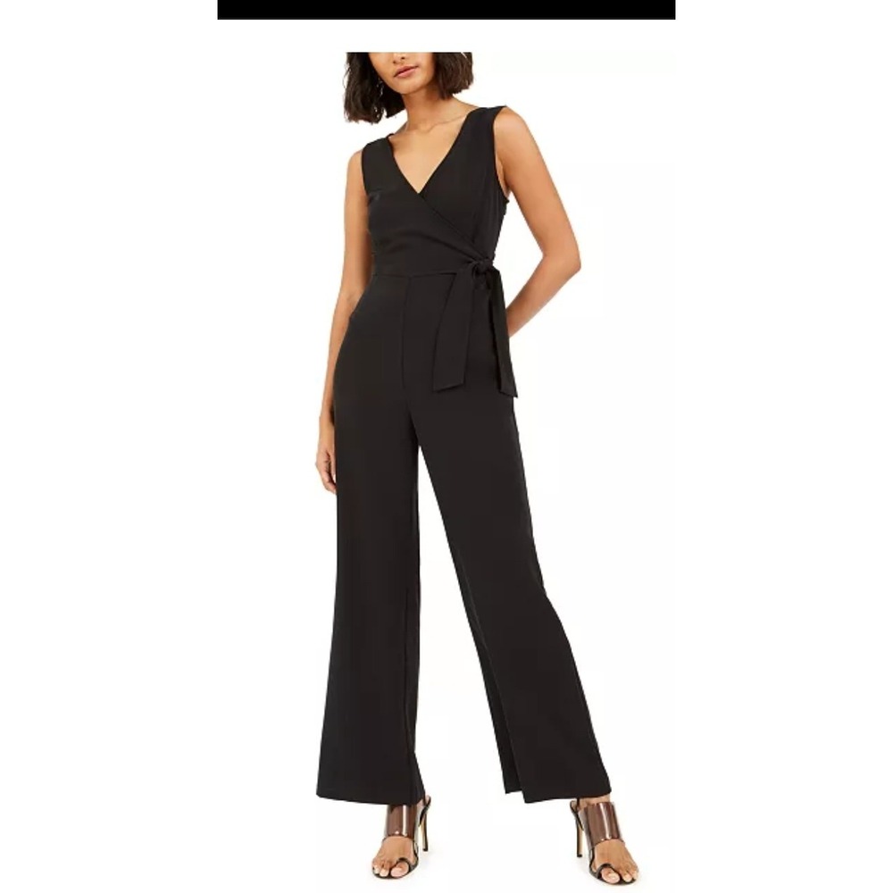 Bar III Womens Jumpsuit Wrap Sleeveless Wide Leg Black Career Party‎ Medium